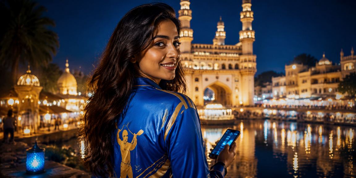 Hyderabad Charminar cricket betting scene under blue golden light