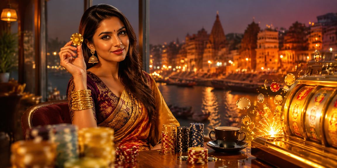 Varanasi Ghat slot game scene with Indian model